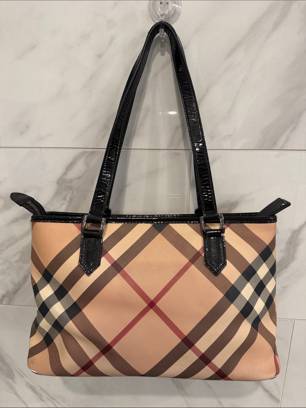 Burberry Classic Plaid Tote Bag with Black Handles - Beige Plaid